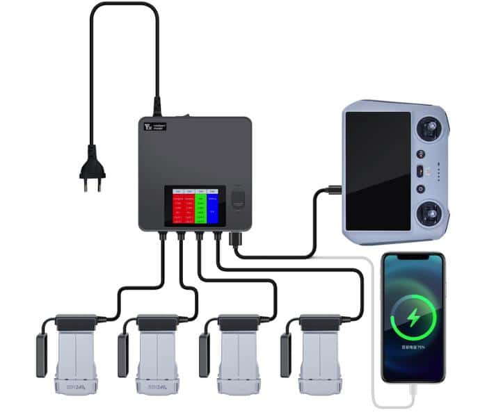 Chargeur multiple pour DJI Mini 2 et Mini SE - recharge 4 batteries + radio  + smartphone