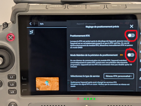 Ensuite activez les deux interrupteurs tout en haut de l’écran pour l’activation du mode RTK.