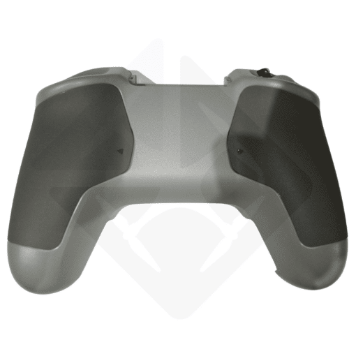 Back view of a gray and black gaming controller showcasing ergonomic grips and button layout.