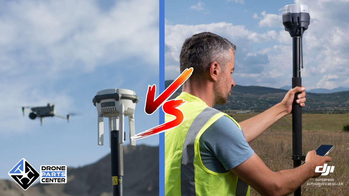 Vergleich zwischen Drohne und menschlicher Ausrüstung in der Landschaft.