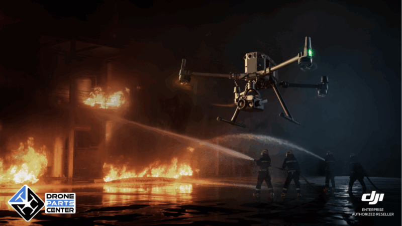 Drone flying over a fire, firefighters extinguish the flames.