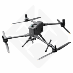 Black drone with four hovering propellers.