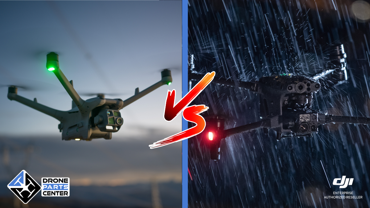 Vergelijking van twee drones tijdens de vlucht en in de regen.
