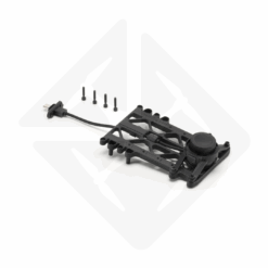 Black bracket with cables and screws.