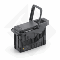 Black battery with handle and LED indicators.