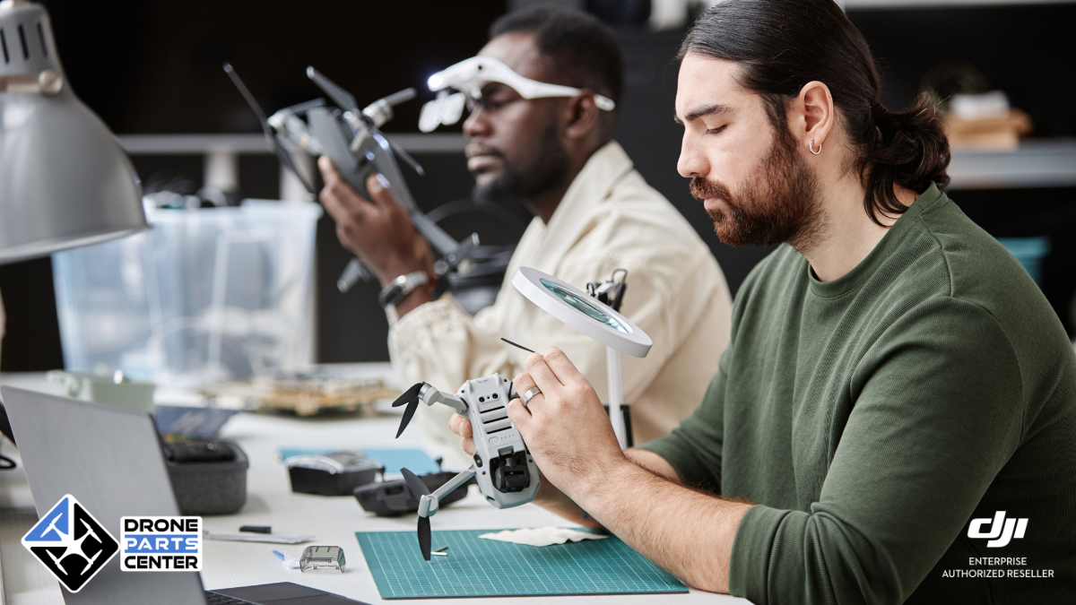 Two people repairing drones at a table.