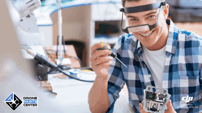 Man repairing a drone in a workshop.