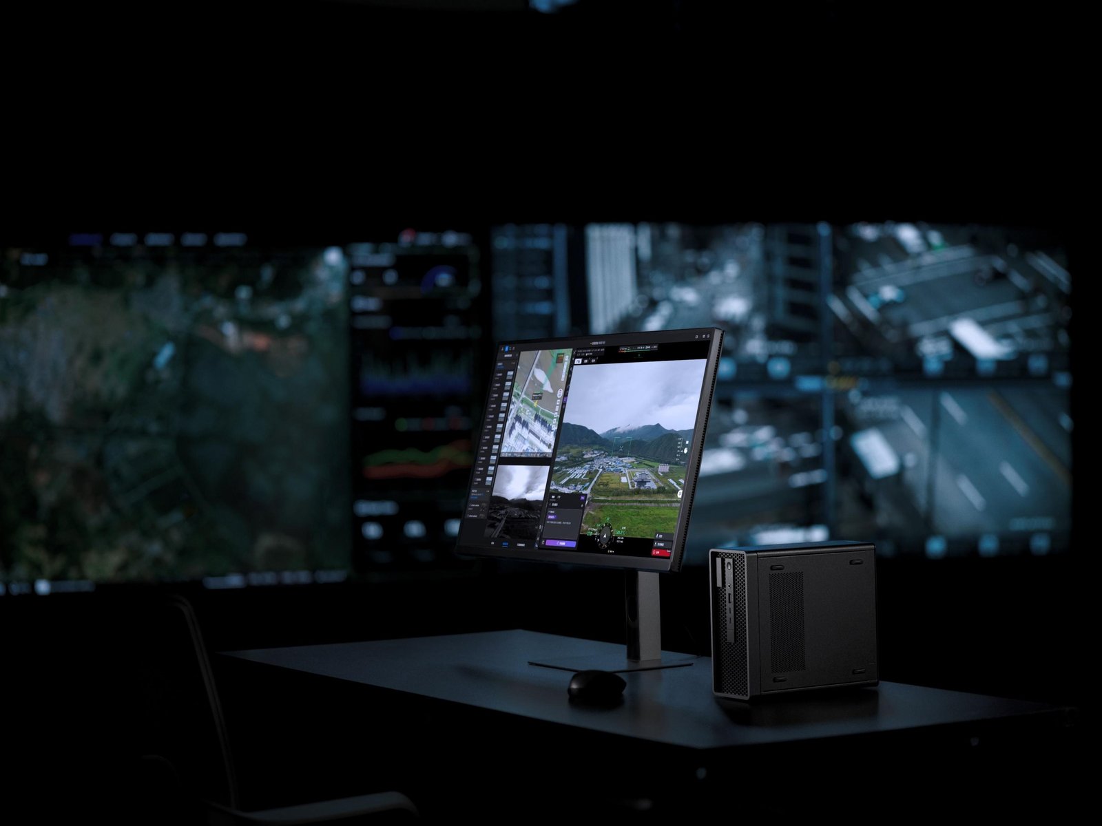 DJI FlightHub 2 AIO in a control room, virtual cockpit on screen