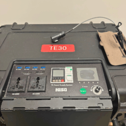 Portable power supply system with plugs and controls.