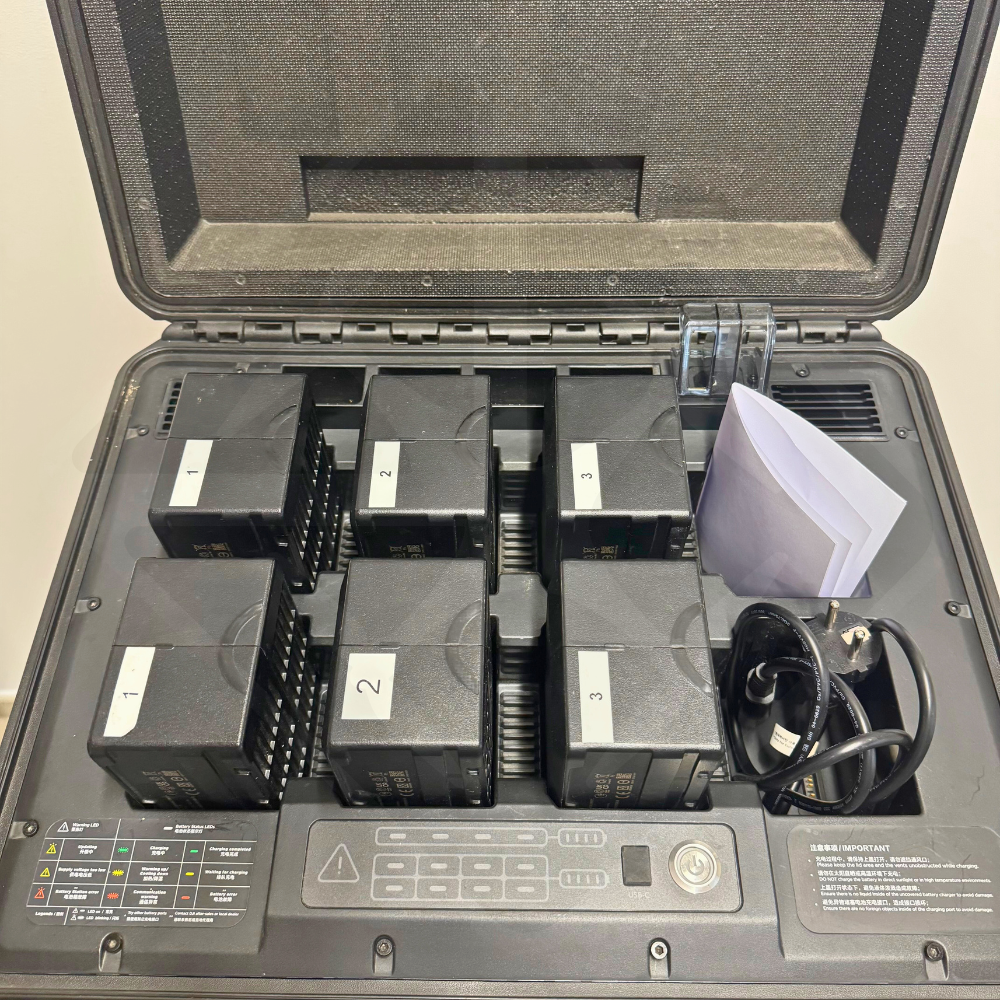 Valise contenant plusieurs chargeurs et un câble électrique.