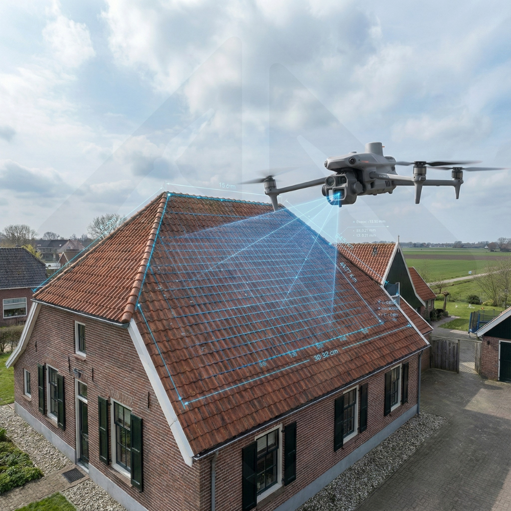 Drone analyzing the roof of a traditional house.