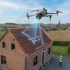 Drone measuring the roof of a brick house.