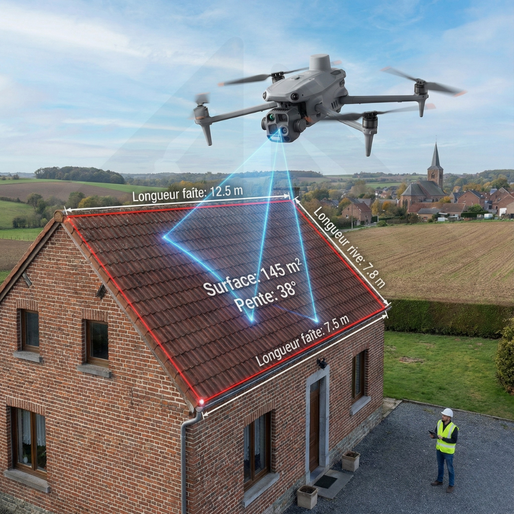 Drone measuring the roof of a brick house.