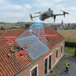 Drone inspecting a broken roof