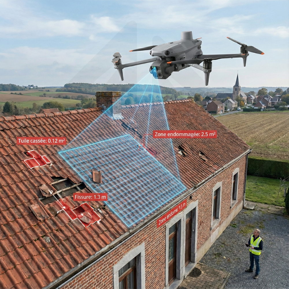 Drone inspecting a broken roof