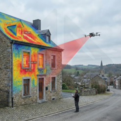Drone measuring the temperature of a house with thermography.