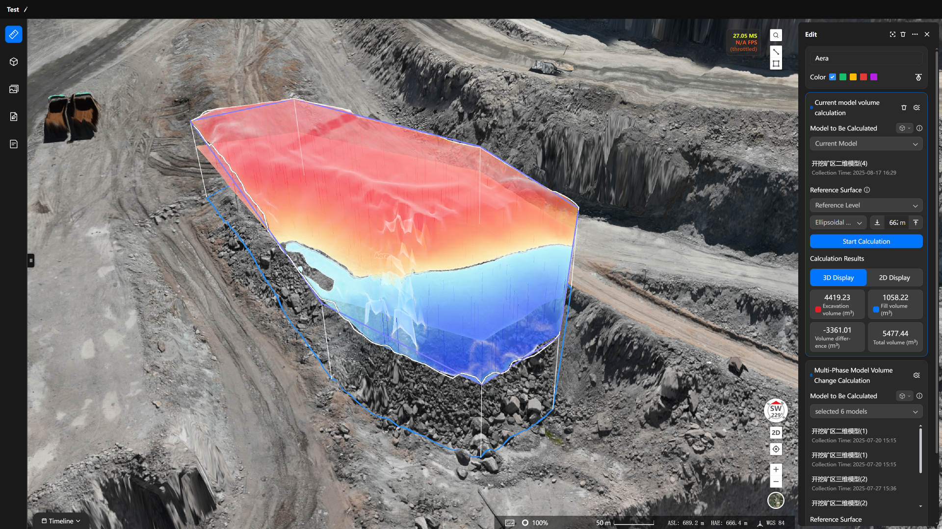Modélisation 3D d'un site minier avec données volumétriques.