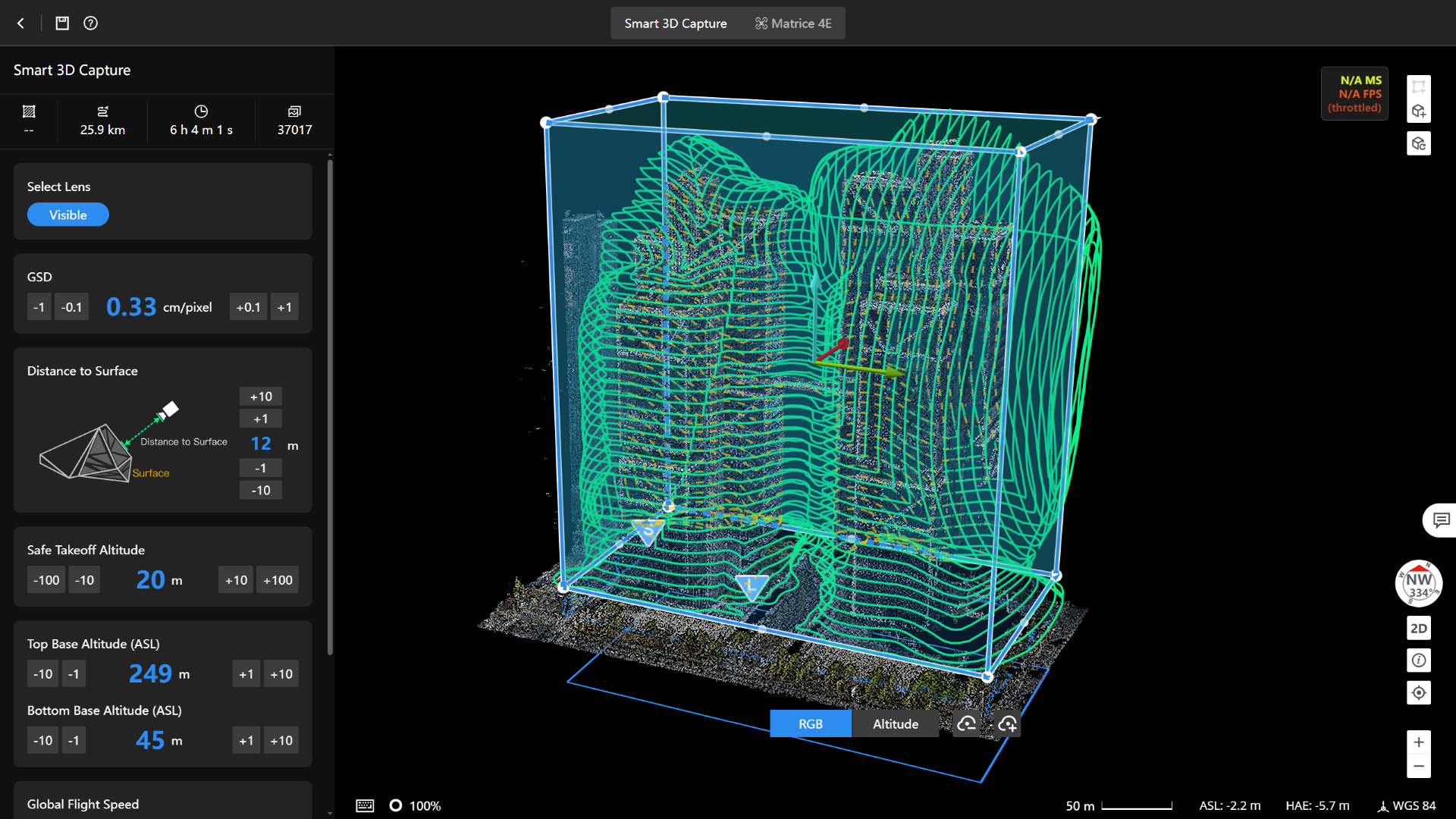 Capture 3D avec données de vol affichées.