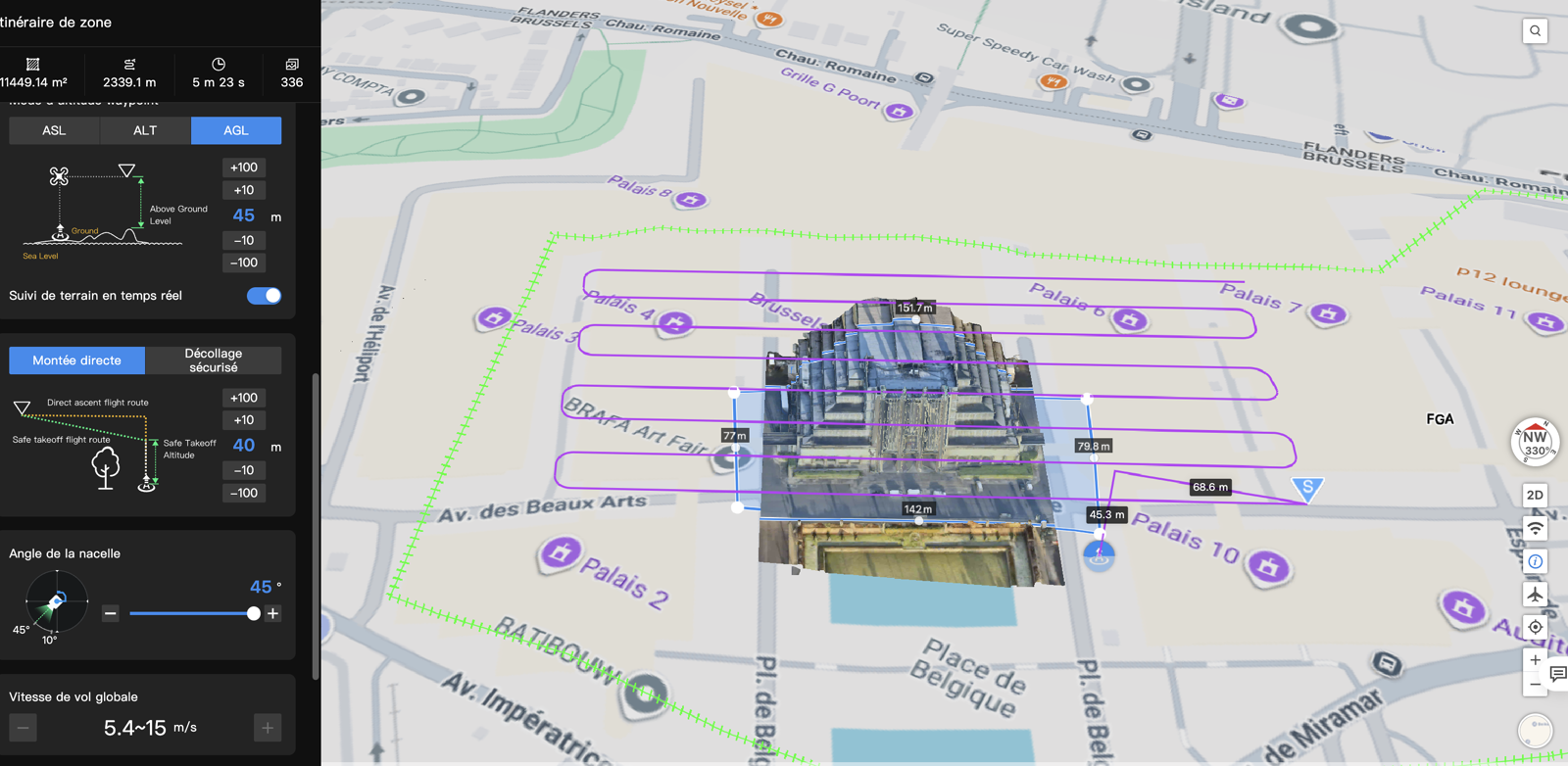 Plan de vol Area Route DJI FlightHub 2 pour l'acquisition oblique du Palais 5