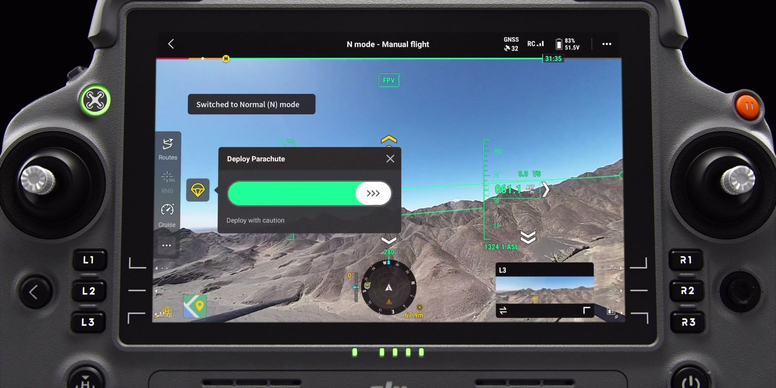 Écran DJI Pilot 2 : curseur de déploiement manuel du parachute AP100
