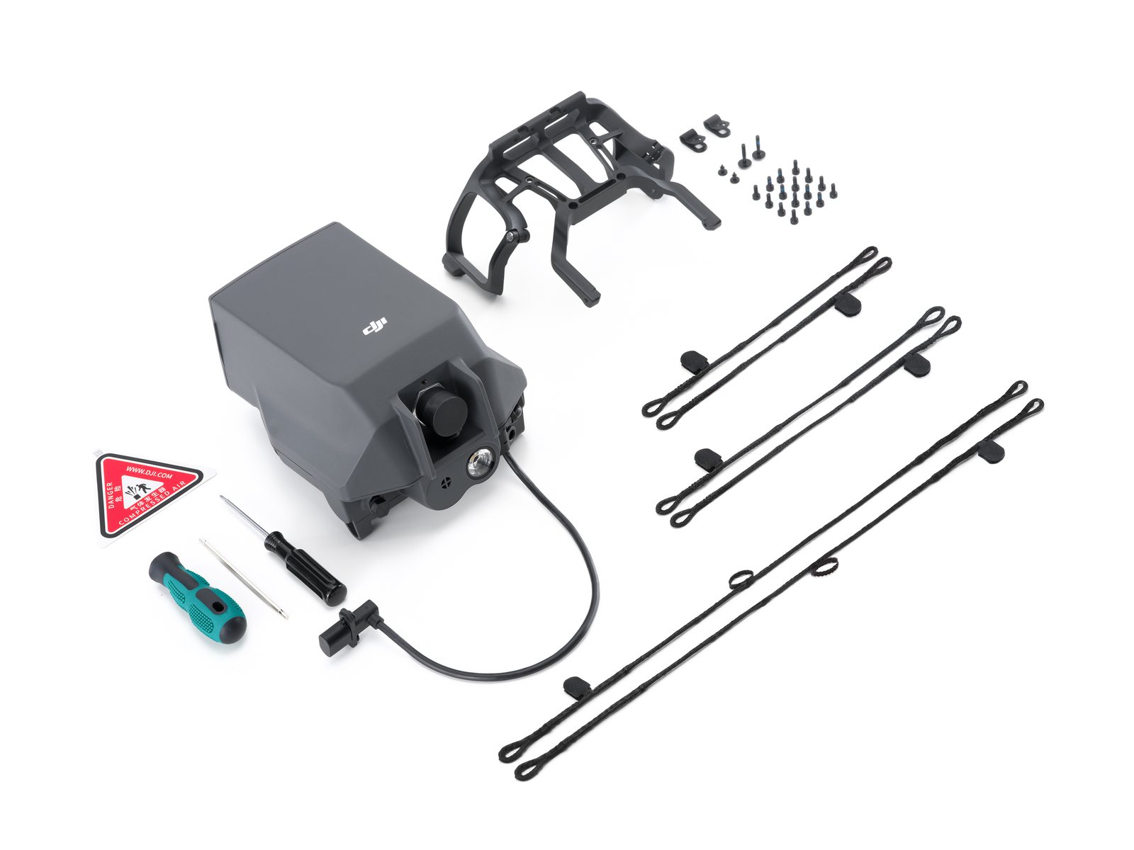 Contenu de la boîte du parachute DJI AP100 : parachute, support, sangles, outils et vis